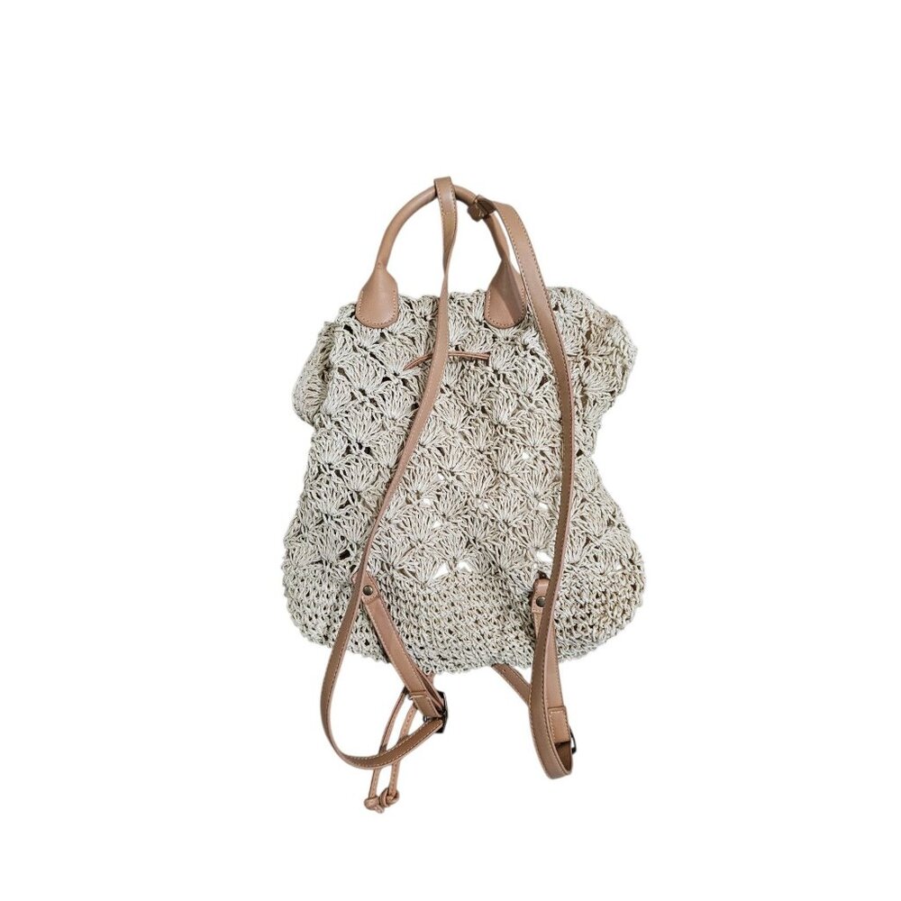 Woven Straw Crochet Backpack Beige Boho Drawstring Lined Summer Festival Bag - Picture 3 of 7